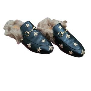 Gucci Princetown Horsebit Bee Mule Flat Fur Lined Size 36 US 6 Black Leather